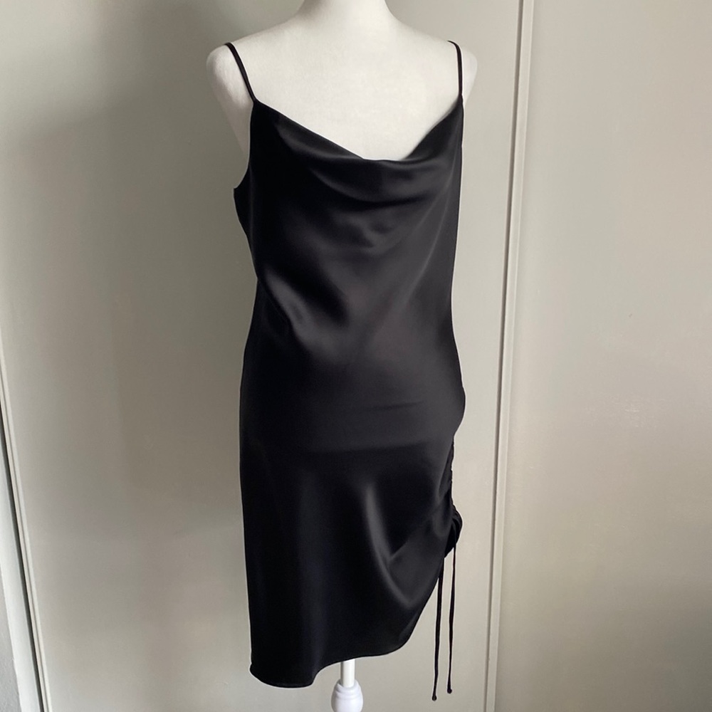 New Forever 21 Ladies Modern Little Black Satin Slip Cowl Neck Side Cinch Detail